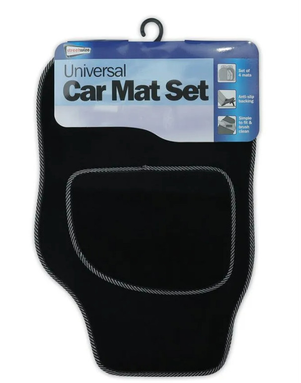 Car Mat Set 4Pce. Black & Grey Piping