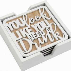 Coasters Place your DRINK here x4 in Tray White