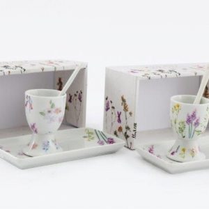 Egg Cup Set Porcelain Dish Cup & Spoon Pressed Flowers
