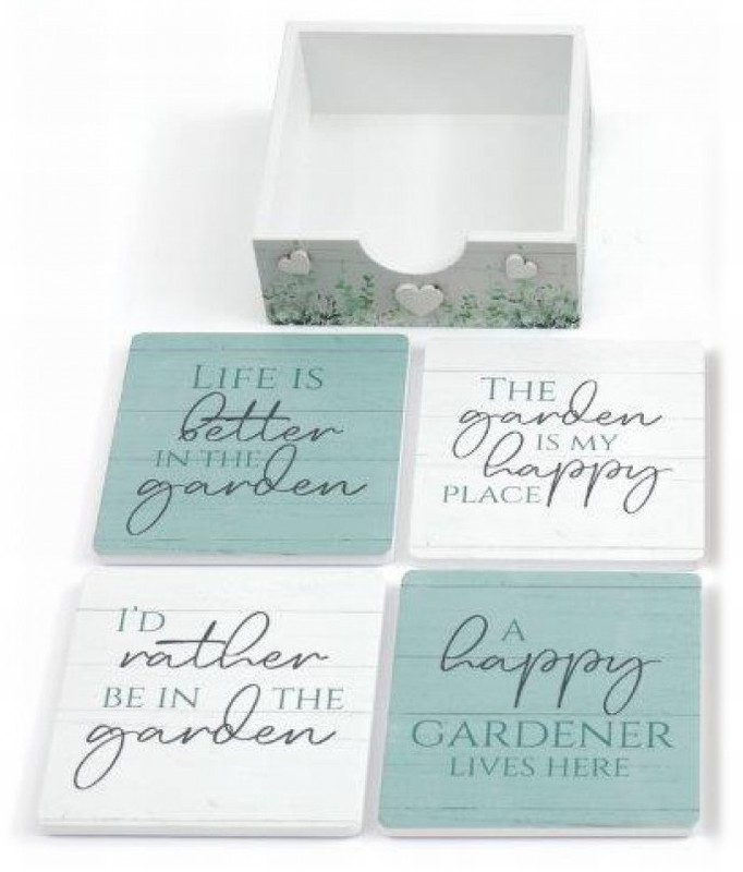 Coasters Flower Shop Printed x4 in Tray White & Green