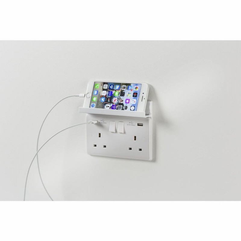 Socket 2Gang Surround with Drop down Phone Holder White