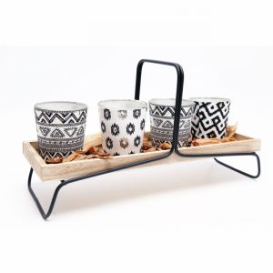 Canndle Pots x4 on Woooden & Metal Stand AZTEC Design