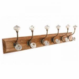 Coat Rack 6 Hook Heavy Duty Wood Metal & Ceramic