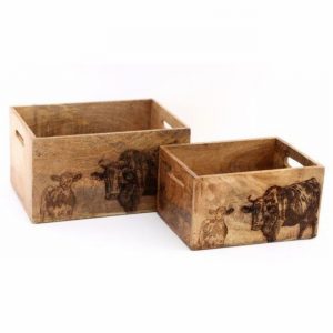 Crate Storage Mango Wood Cow Lge. 35x25x19cm
