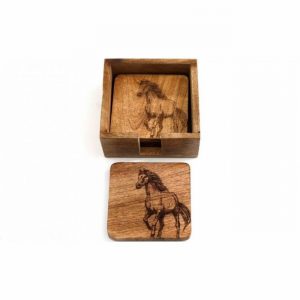 Coasters Wooden HORSE Design 10cm Engraved x4 in Holder