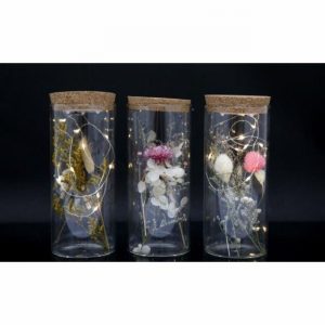 Flowers In Glass Cylinder Cork Lid LED Aubergine & White