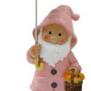 Ornamental Gnome 27cm Holding Umbrella Pink Coat