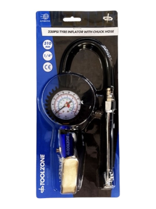 Toolzone 220psi Tyre Inflator with Dial Gague and Chuck Hose