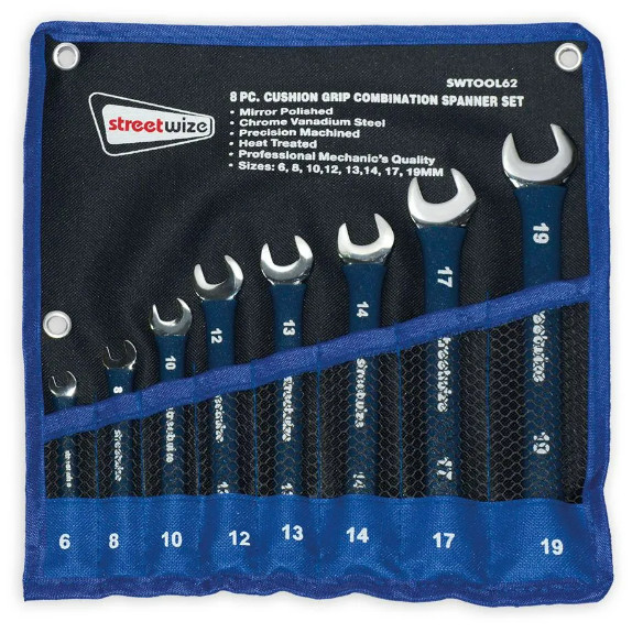 Spanner Set MM 8Pce. Polished & Cushion Grip in Tool Roll