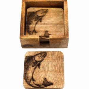 Coasters Wooden SALMON Design 10cm Engraved x4 in Holder
