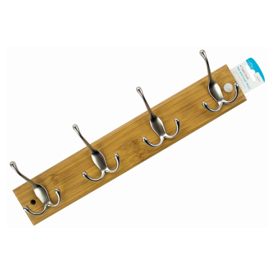 4 Triple Satin Chrome Hat and Coat Hook on Bamboo Back Board