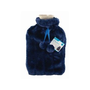 2L Hot Water Bottle with Dark Blue Plush Faux Fur Cover