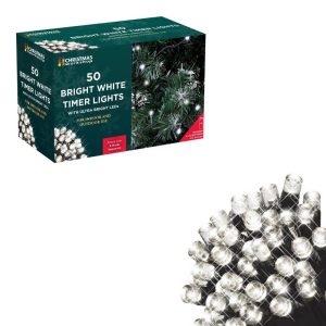 Christmas Lights 50 LED Cool White Timer 3xAA Req.
