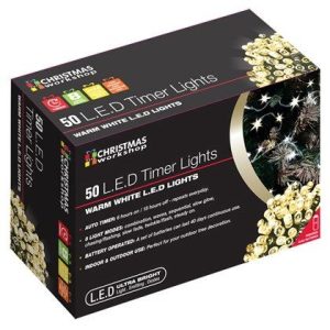 Christmas Lights 50 LED Warm White Timer 3xAA Req.