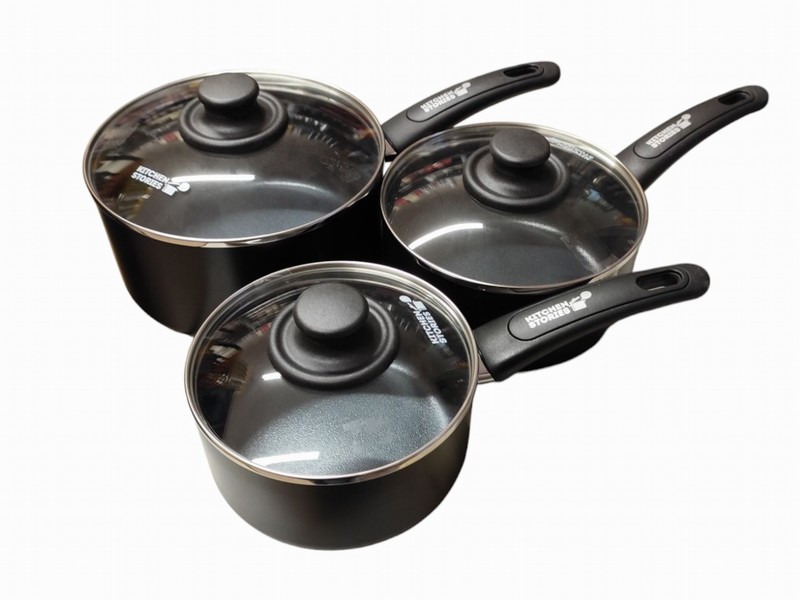 3 Piece Black Non Stick Stewpan Set with Glass Lids