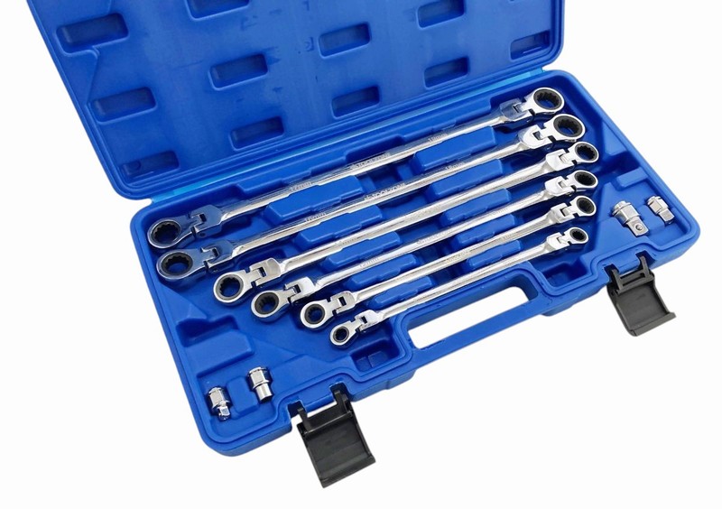 Spanner Set 10Pce Flexi. Ring Ratchet + Adaptors in Case